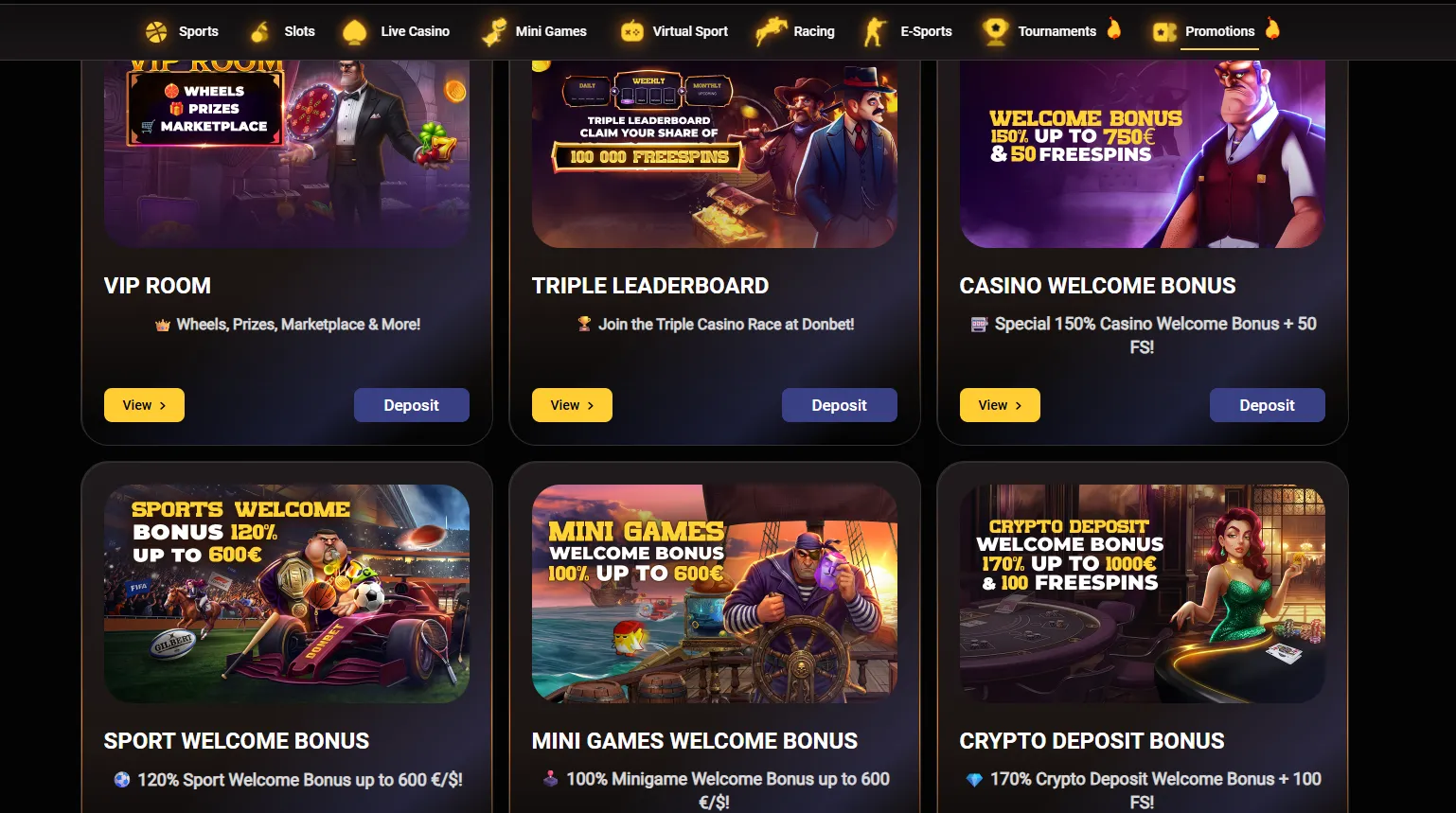 Donbet promotions page with active bonus offers