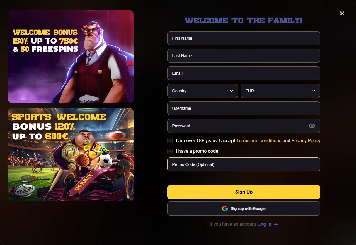 Donbet registration form with the promo code field