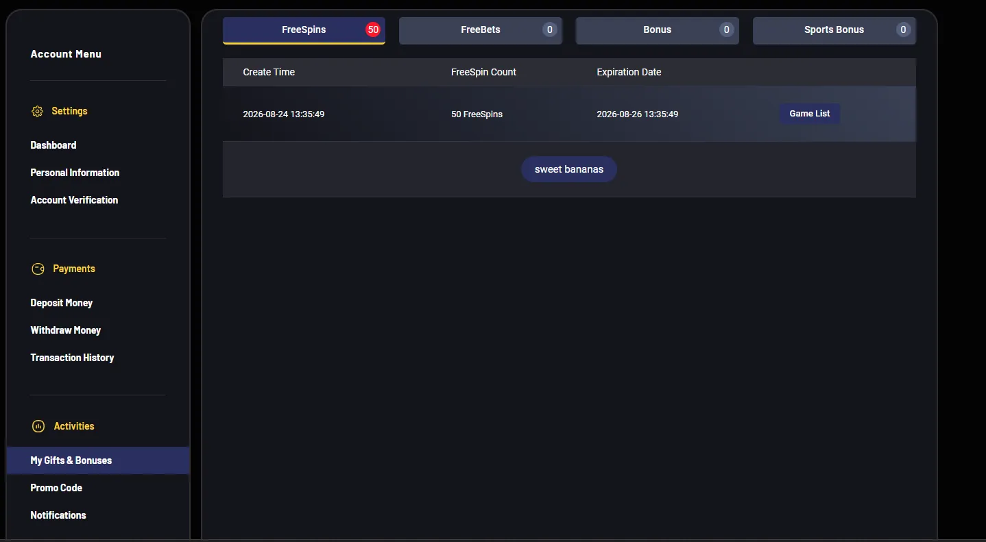 Donbet account page showing 50 free spins for Sweet Bananas